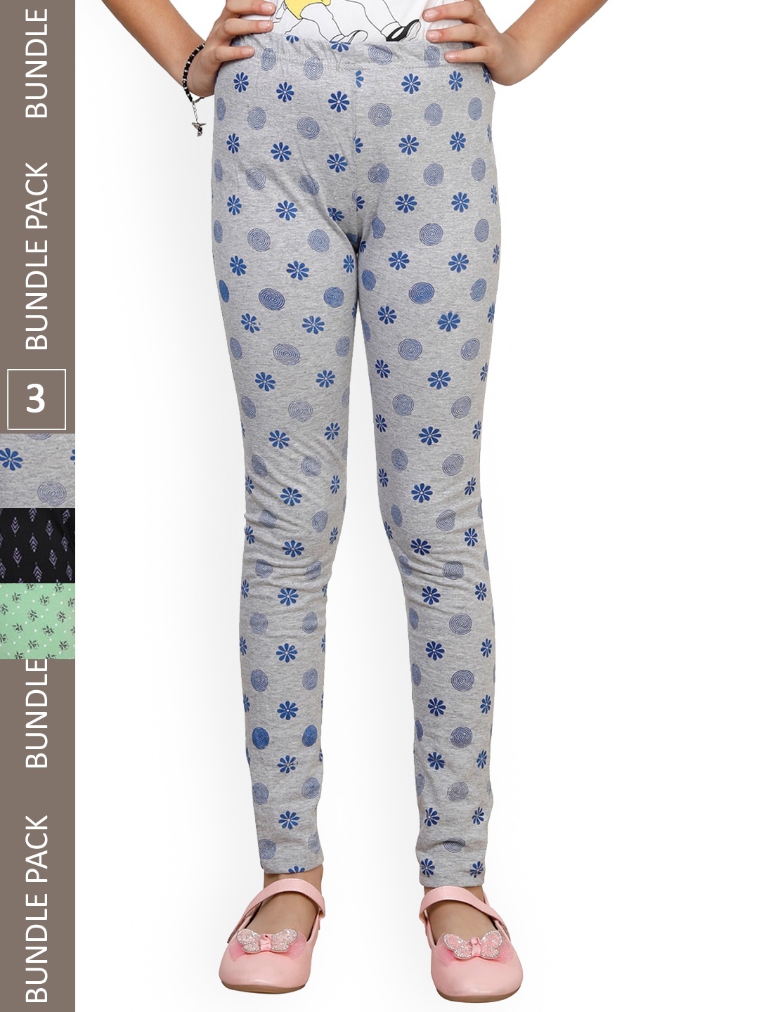 

IndiWeaves Girls Pack Of 3 Printed Pure Cotton Ankle Length Leggings, Grey