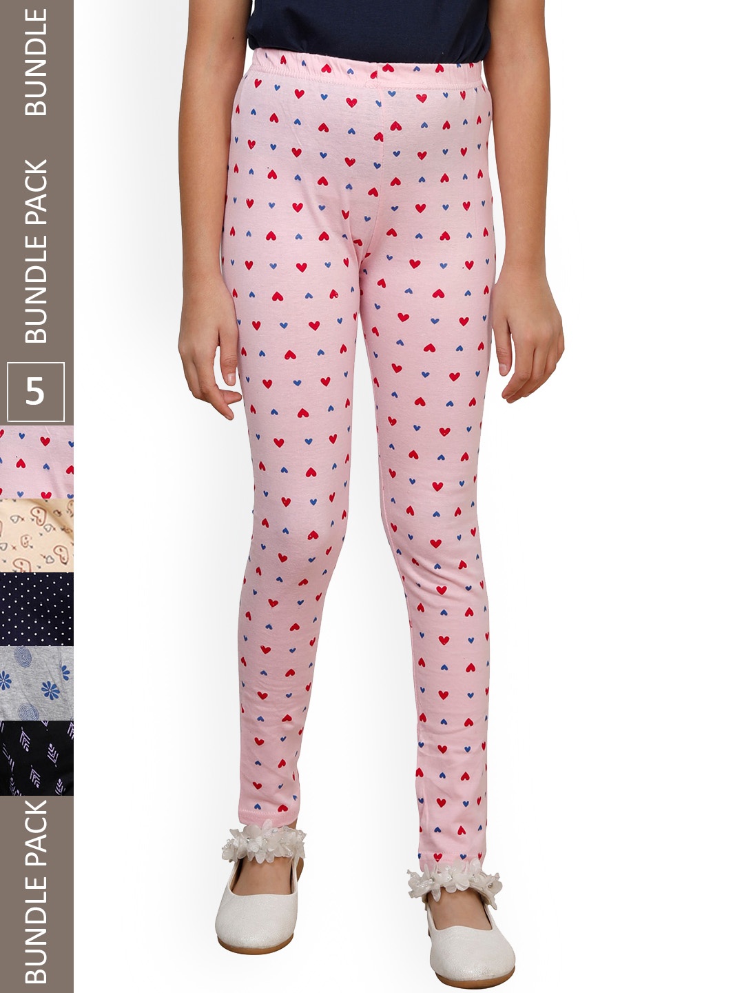 

IndiWeaves Girls Pack Of 5 Printed Pure Cotton Ankle-Length Leggings, Navy blue