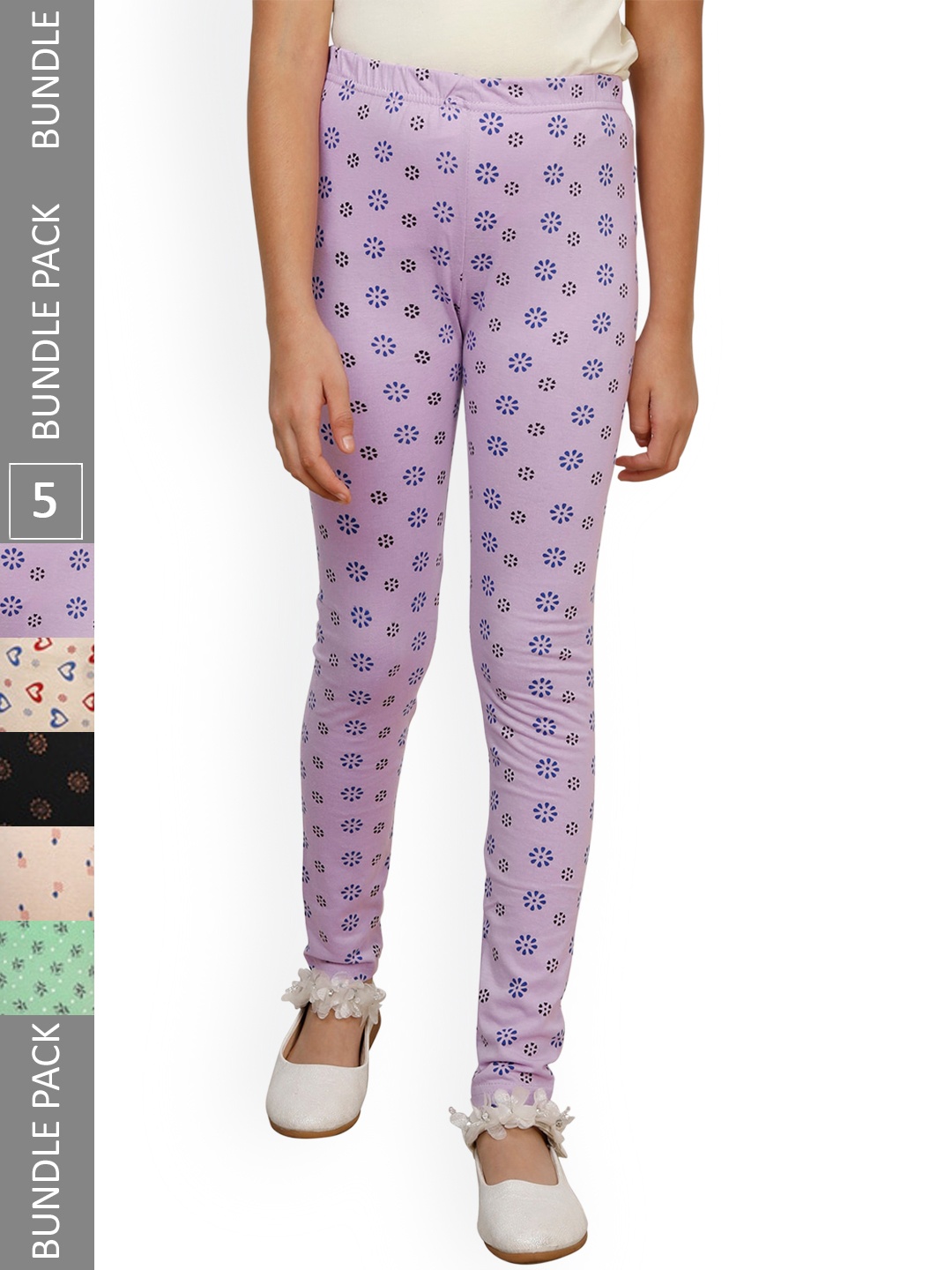 

IndiWeaves Girls Pack Of 5 Printed Ankle-Length Pure Cotton Leggings, Purple