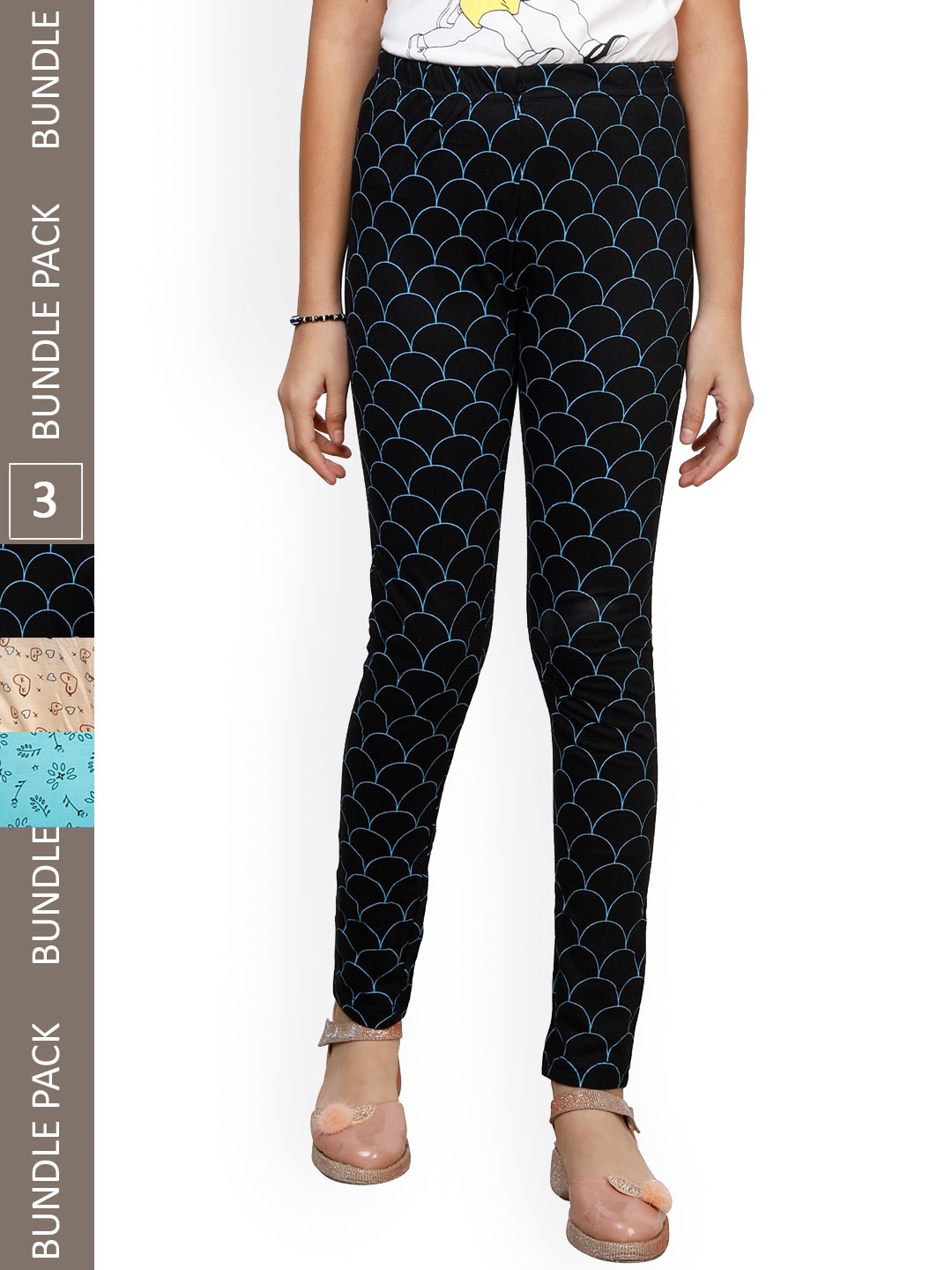 

IndiWeaves Girls Pack Of 3 Printed Pure Cotton Ankle-Length Leggings, Black