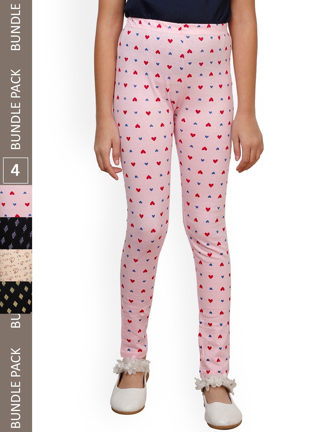 

IndiWeaves Girls Pack Of 4 Printed Ankle-Length Pure Cotton Leggings, Pink