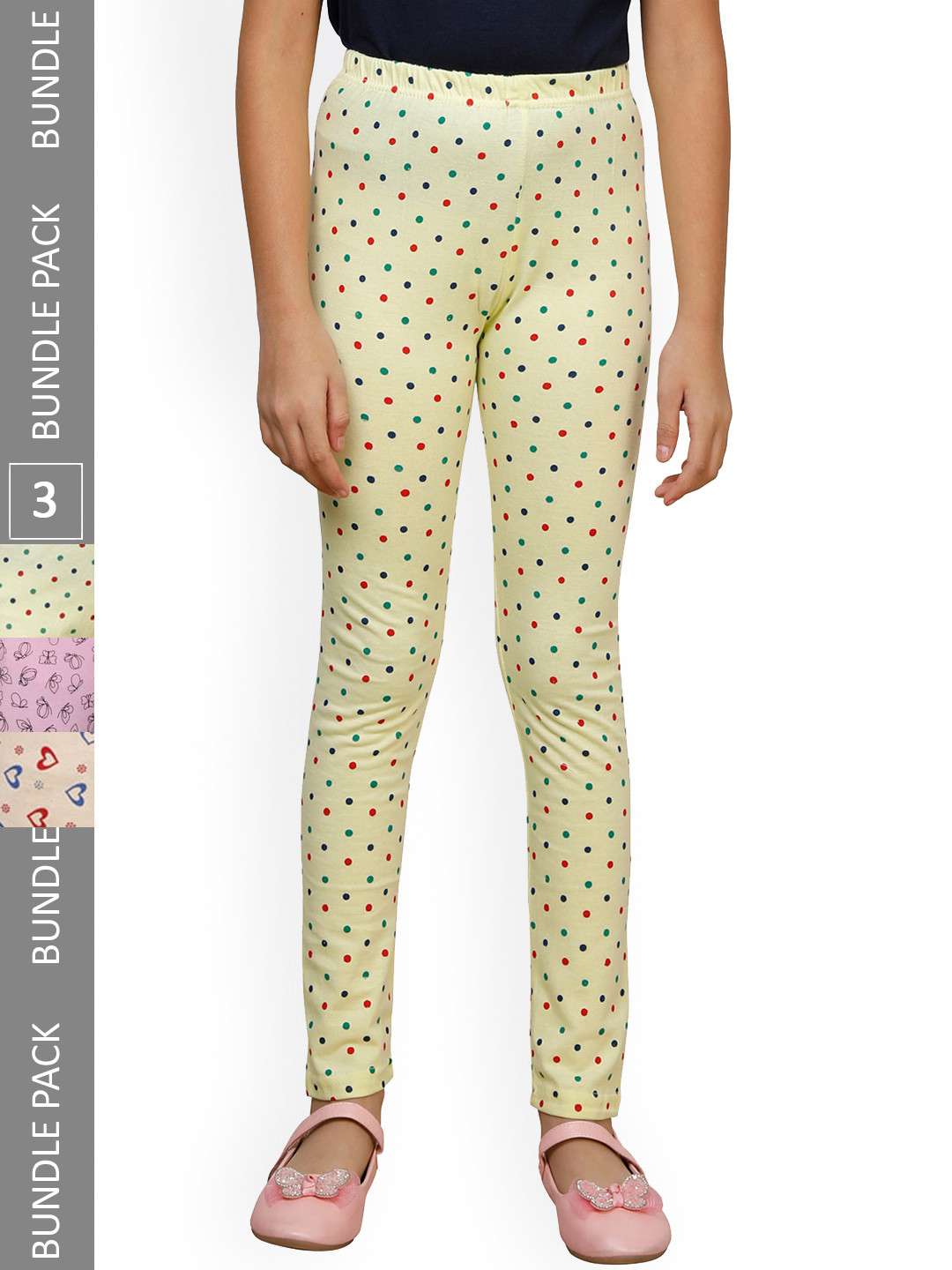 

IndiWeaves Girls Pack Of 3 Printed Ankle-Length Pure Cotton Leggings, Yellow
