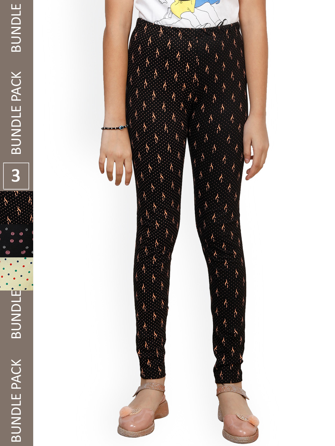 

IndiWeaves Girls Pack Of 3 Printed Ankle-Length Pure Cotton Leggings, Black