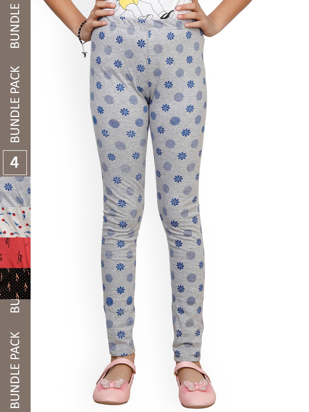 

IndiWeaves Girls Pack Of 4 Printed Pure Cotton Ankle-Length Leggings, Grey