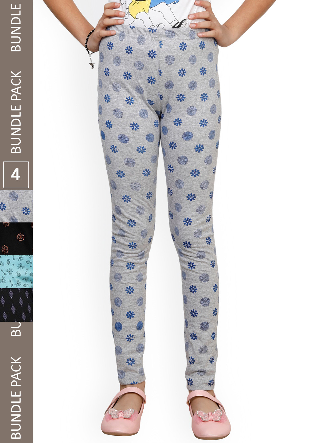 

IndiWeaves Girls Pack Of 4 Printed Pure Cotton Ankle-Length Leggings, Grey