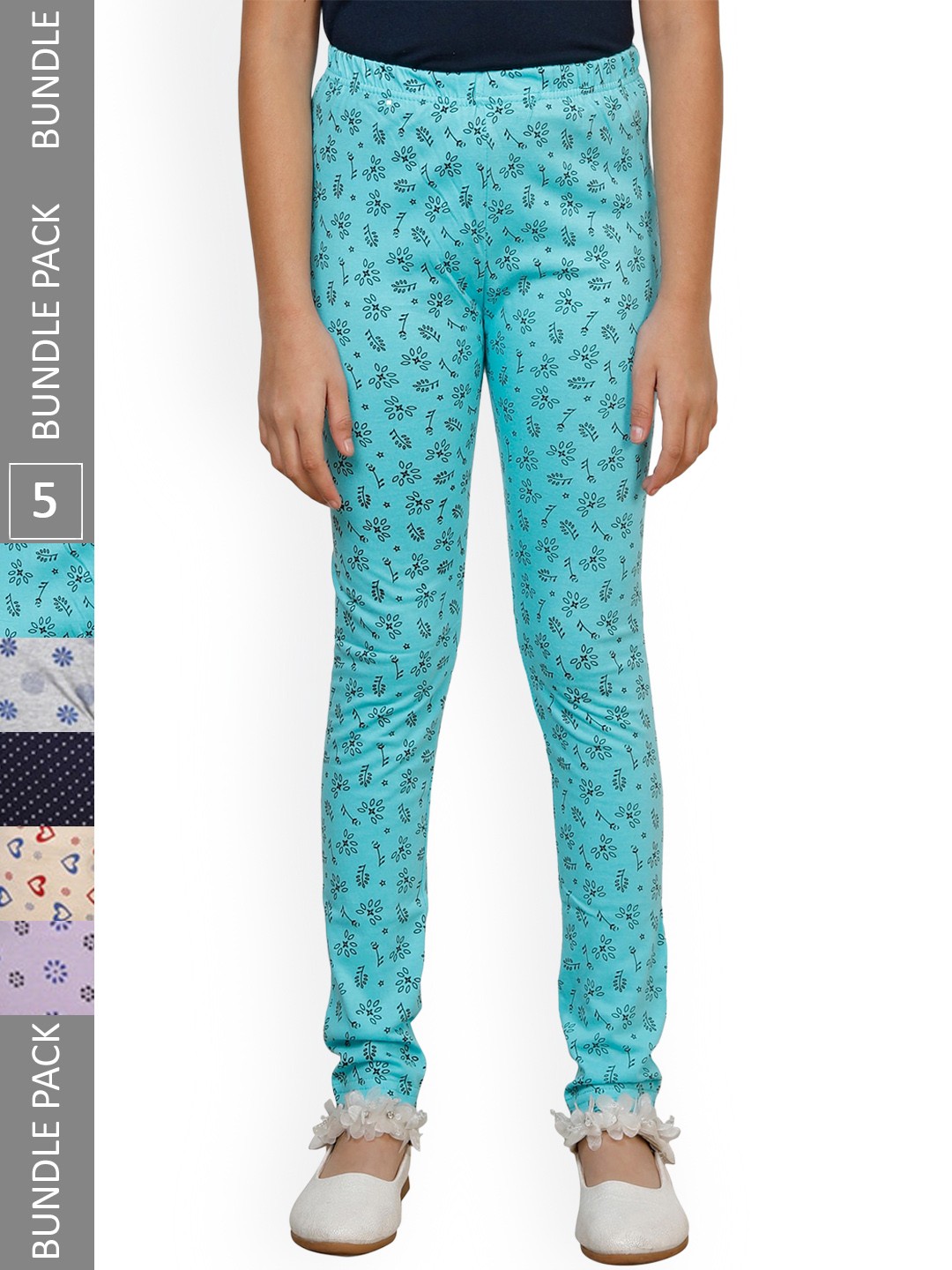 

IndiWeaves Girls Pack of 5 Allover Printed Pure Cotton Ankle Length Leggings, Blue