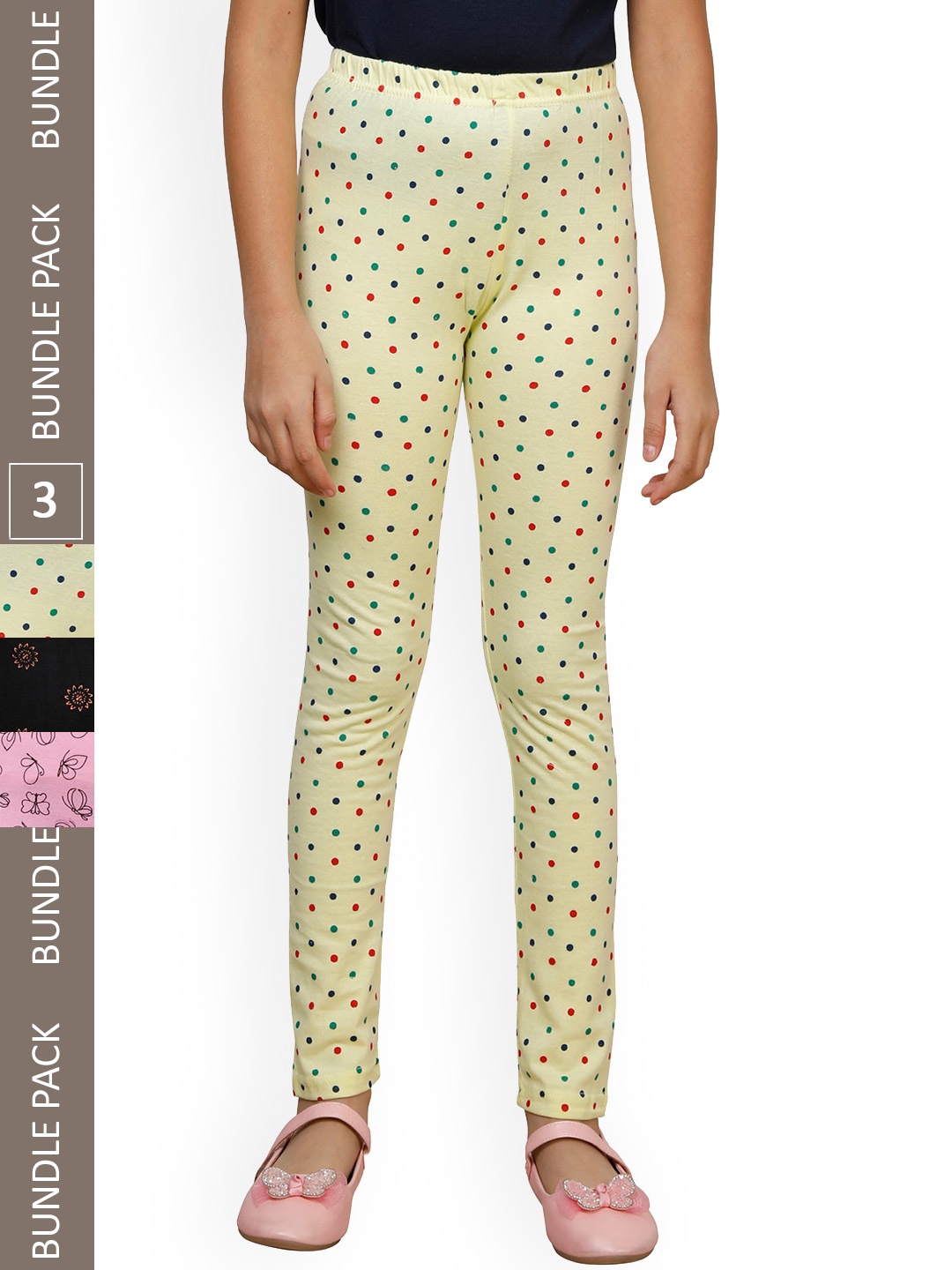 

IndiWeaves Girls Pack Of 3 Printed Pure Cotton Ankle Length Leggings, Yellow