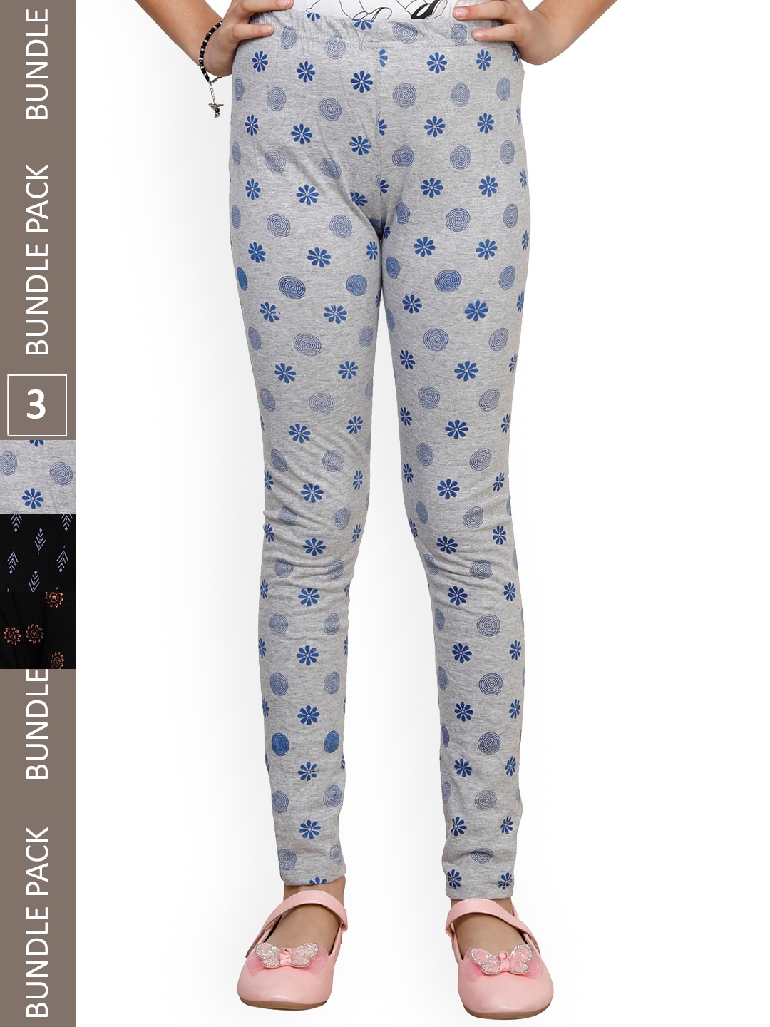 

IndiWeaves Girls Pack Of 3 Printed Ankle-Length Pure Cotton Leggings, Grey