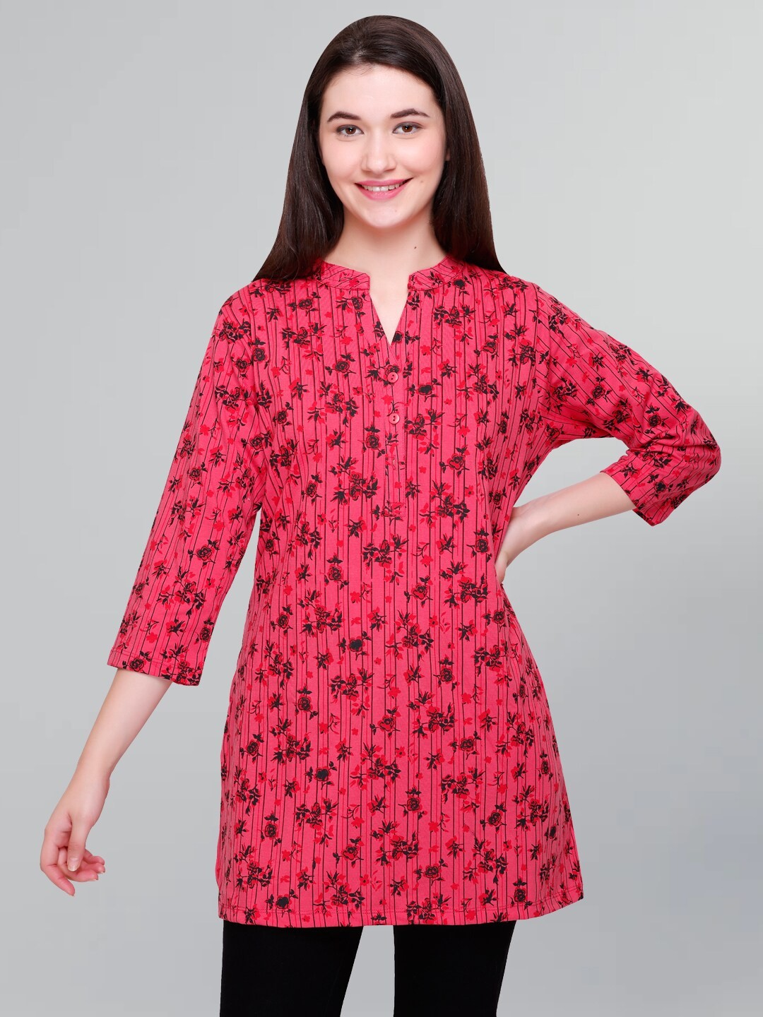 

GODFREY Floral Printed Mandarin Collar Pure Cotton Kurti, Coral