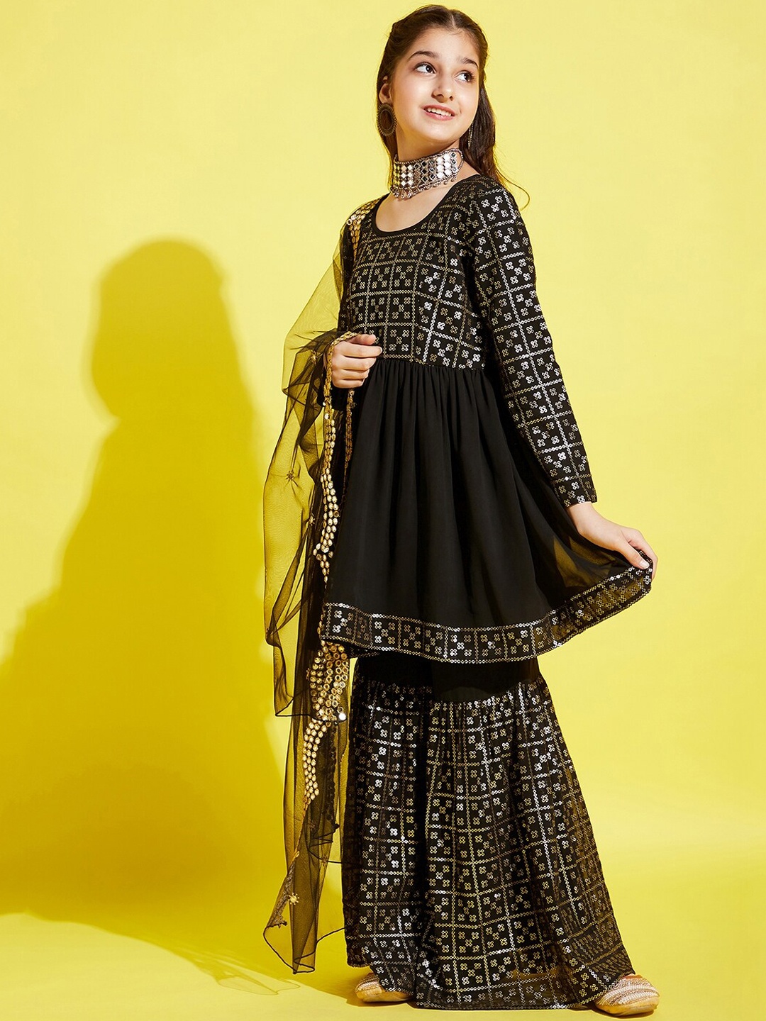 

Cherry & Jerry Girls Embroidered Sequinned A-Line Kurta With Sharara & With Dupatta, Black