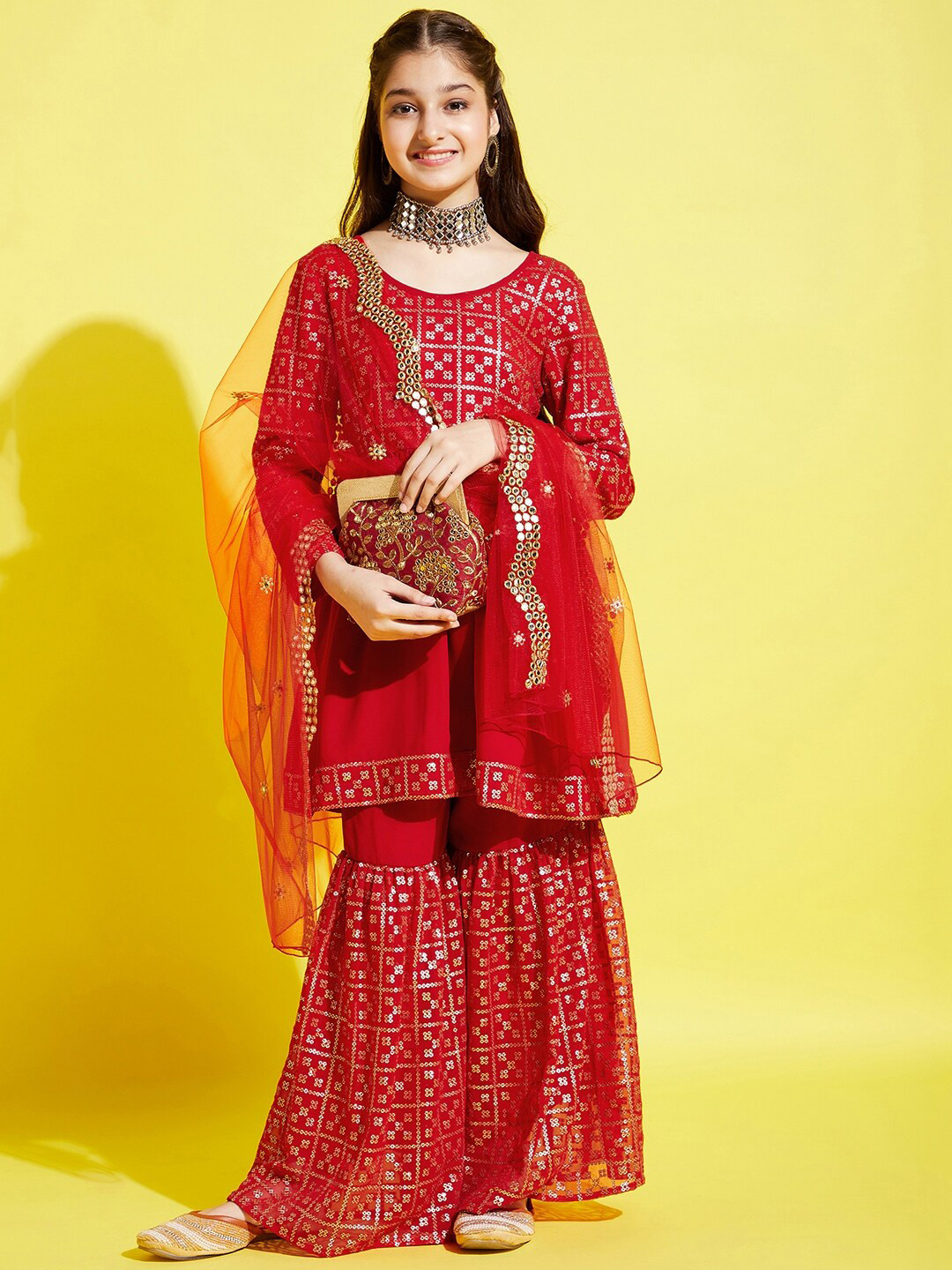 

Cherry & Jerry Girls Embroidered Sequinned A-Line Kurta With Sharara & With Dupatta, Red