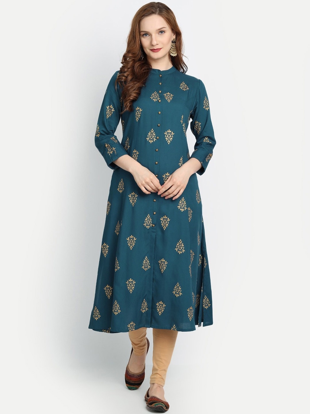 

SUTI Ethnic Motifs Printed Band Collar Panelled Straight Kurta, Teal