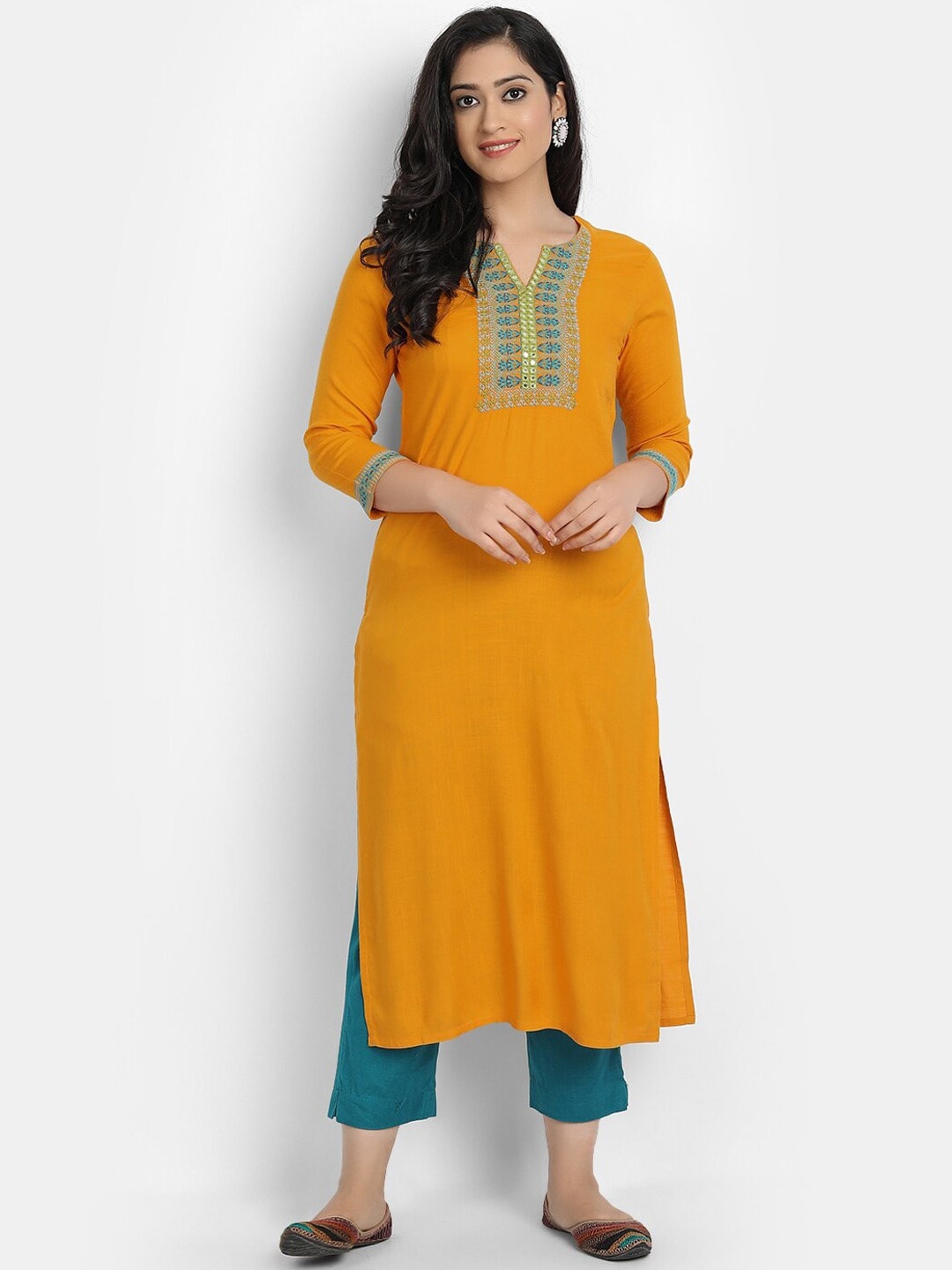 

SUTI Thread Work Detailed Straight Kurta, Mustard