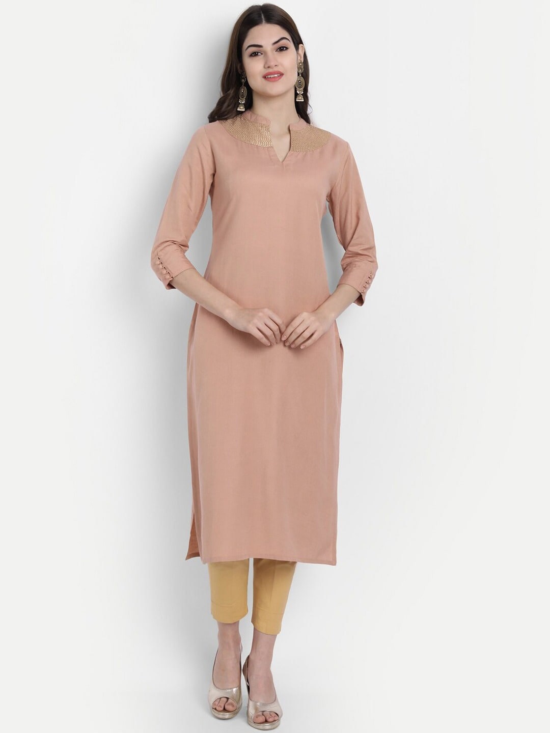 

SUTI Mandarin Collar Thread Work Detailed Straight Kurta, Rose