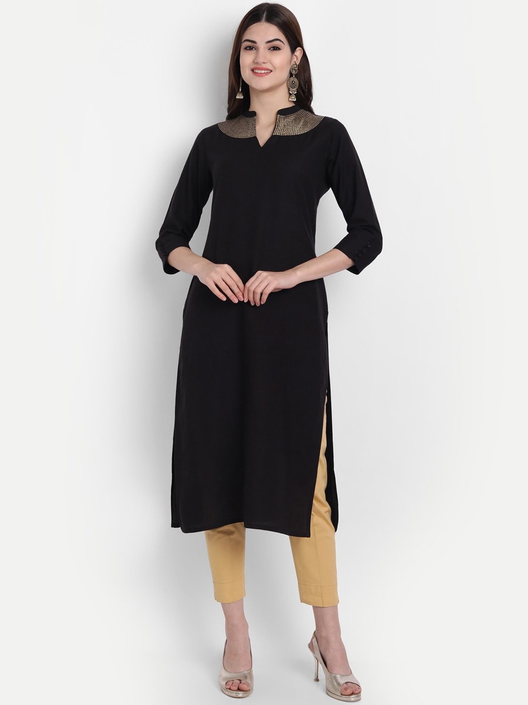 

SUTI Mandarin Collar Thread Work Detailed Straight Kurta, Black
