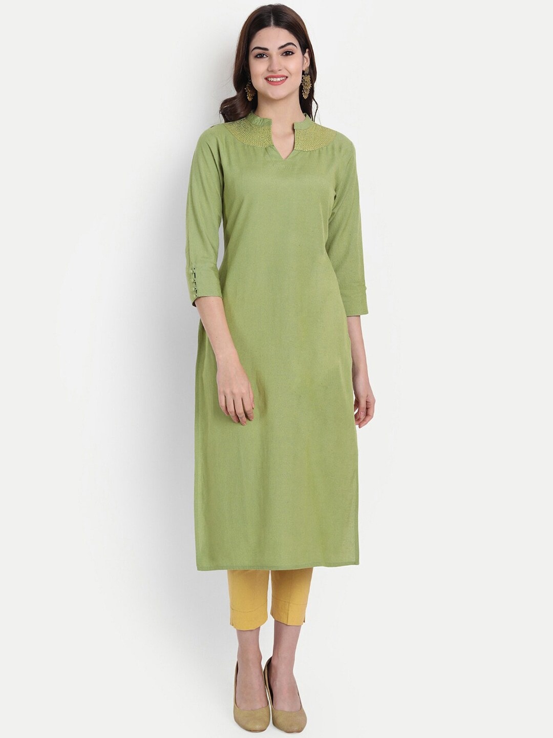 

SUTI Mandarin Collar Thread Work Detailed Straight Kurta, Green