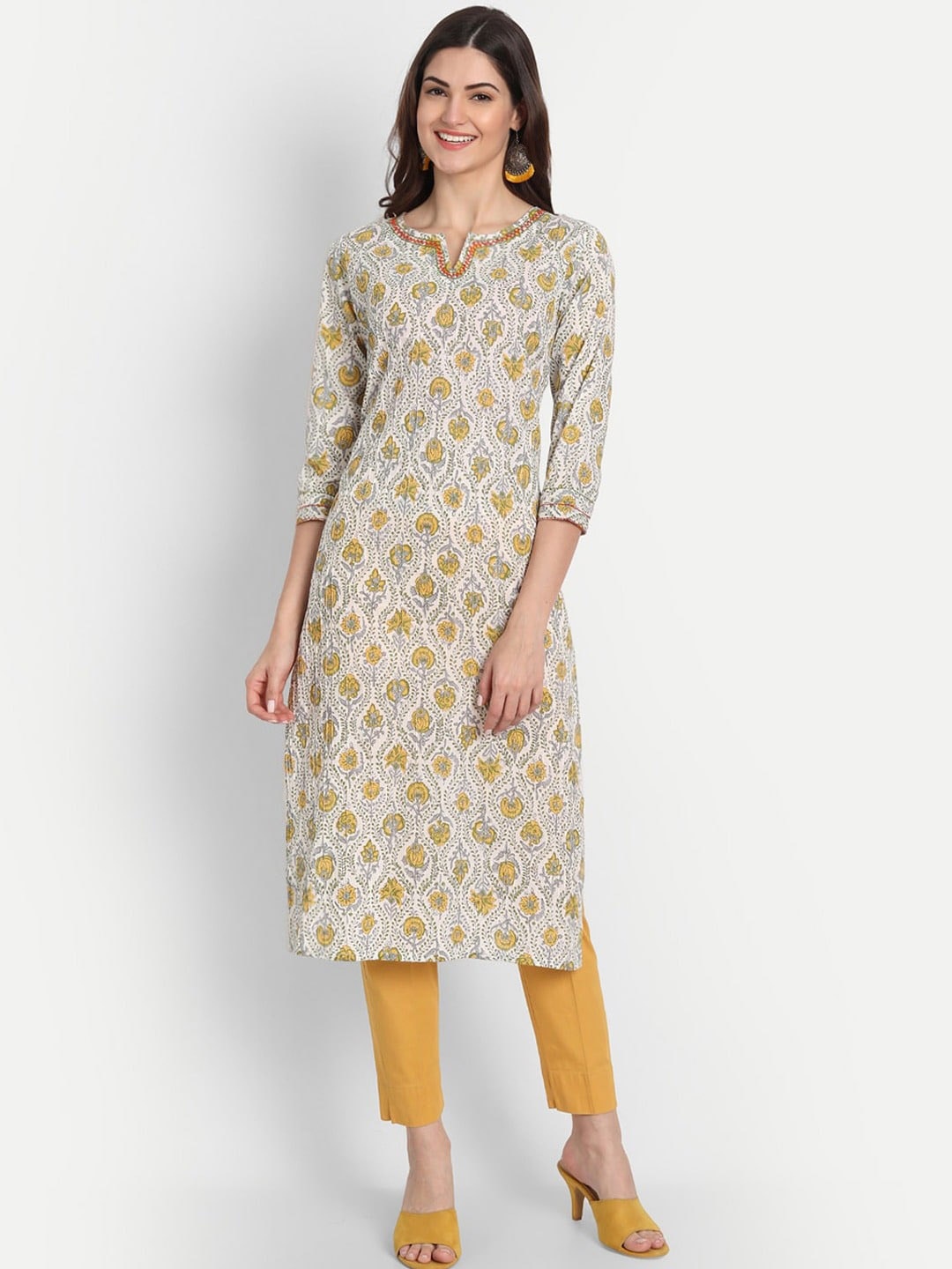 

SUTI Ethnic Motifs Printed Thread Work Detailed Cotton Straight Kurta, Off white