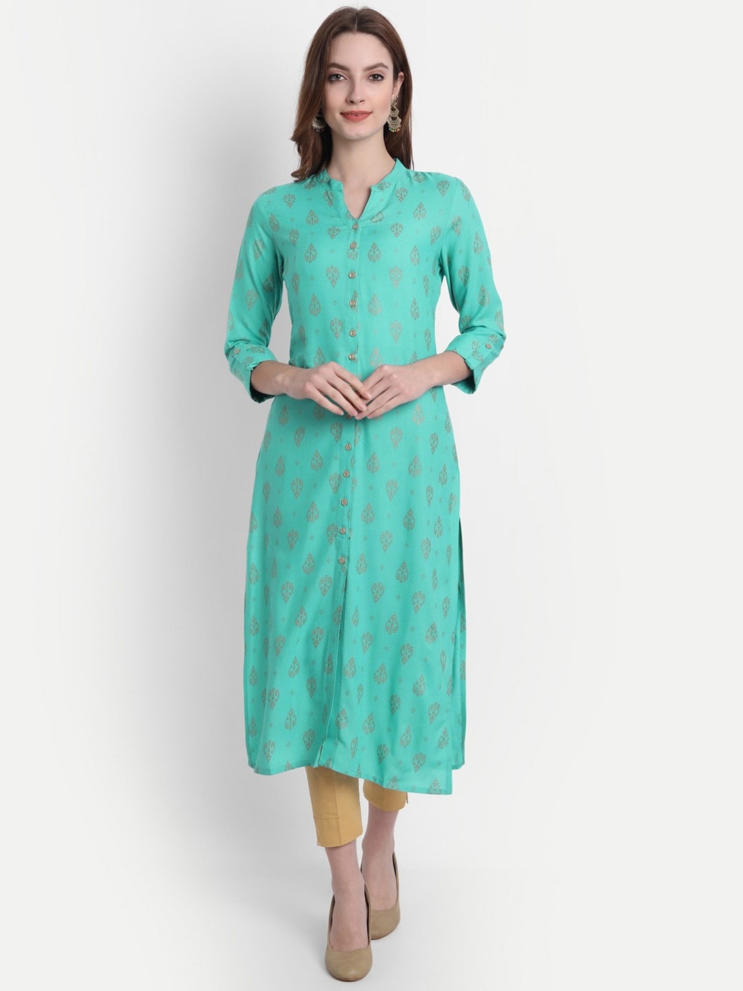 

SUTI Ethnic Motifs Printed Mandarin Collar Straight Kurta, Blue