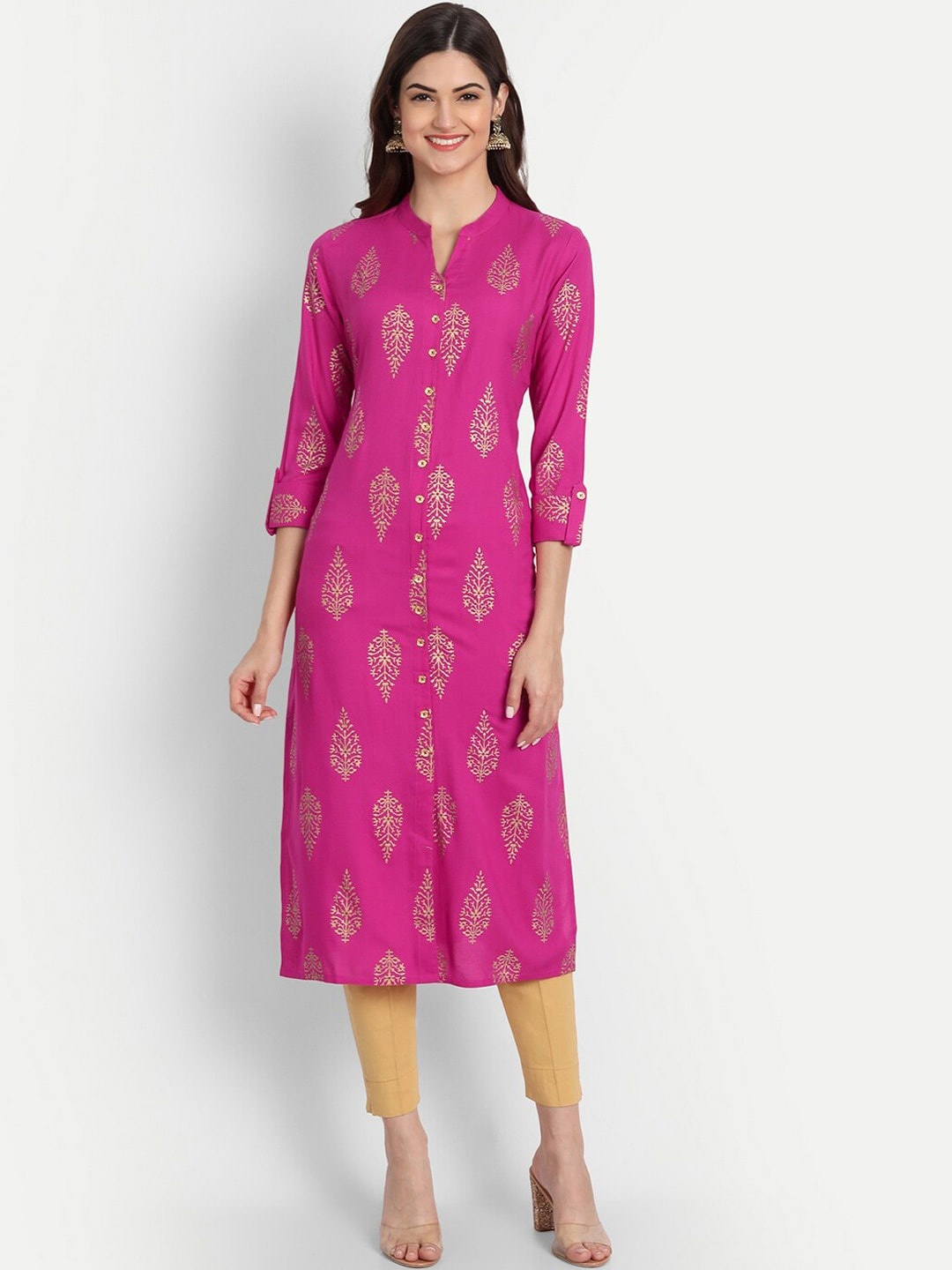 

SUTI Ethnic Motifs Printed Mandarin Collar Straight Kurta, Pink