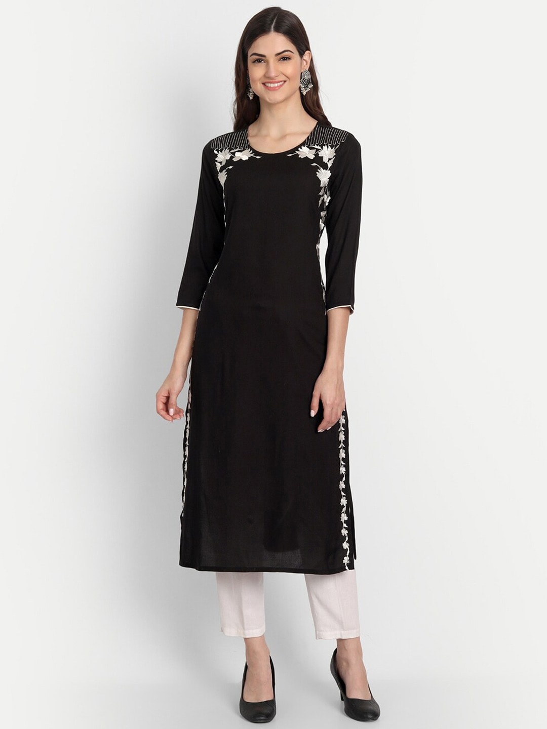 

SUTI Floral Embroidered Thread Work Detailed Straight Kurta, Black