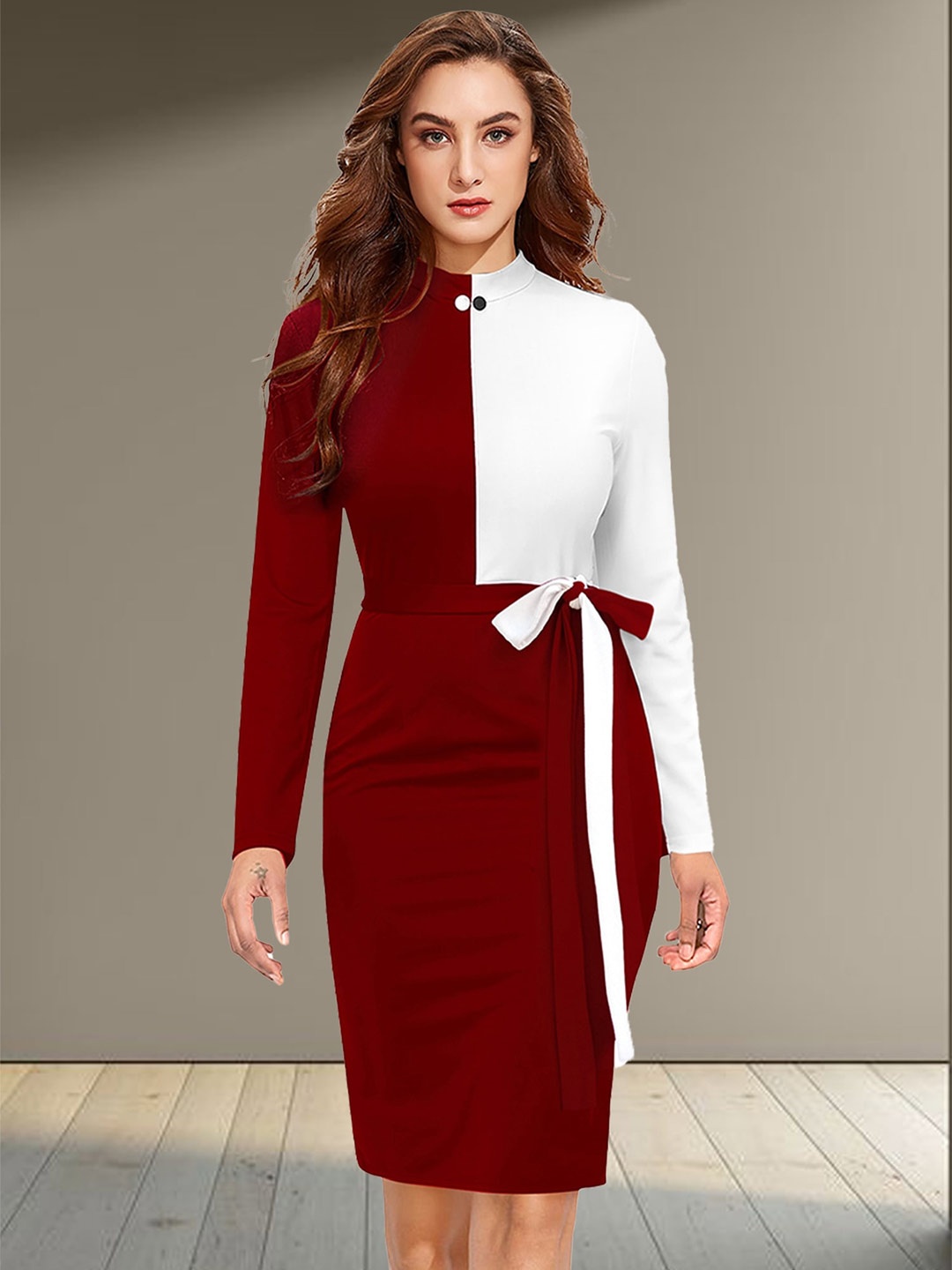 

N N ENTERPRISE Colourblocked High Neck Belted Detail Sheath Dress, Maroon