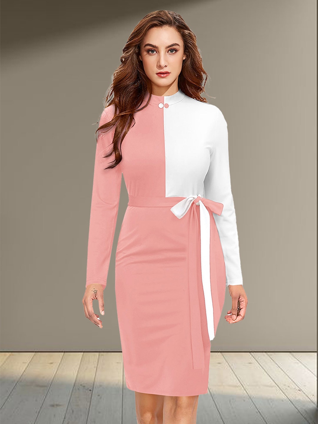 

N N ENTERPRISE Colourblocked Mock Neck Tie Up Sheath Dress, Peach