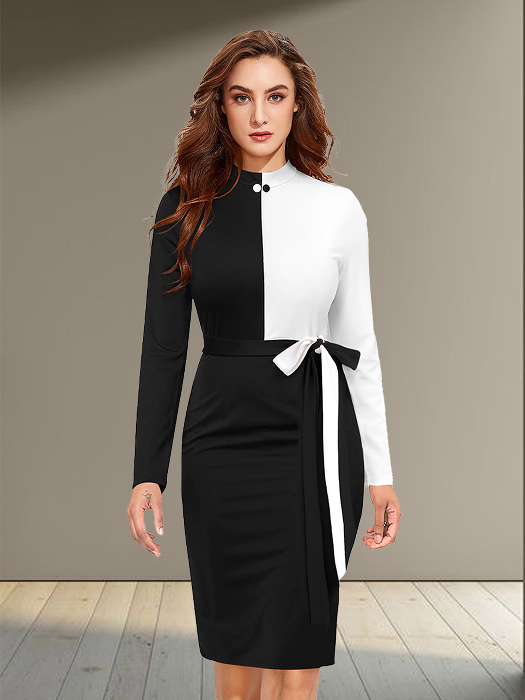 

N N ENTERPRISE Colourblocked High Neck Belted Detail Sheath Dress, Black
