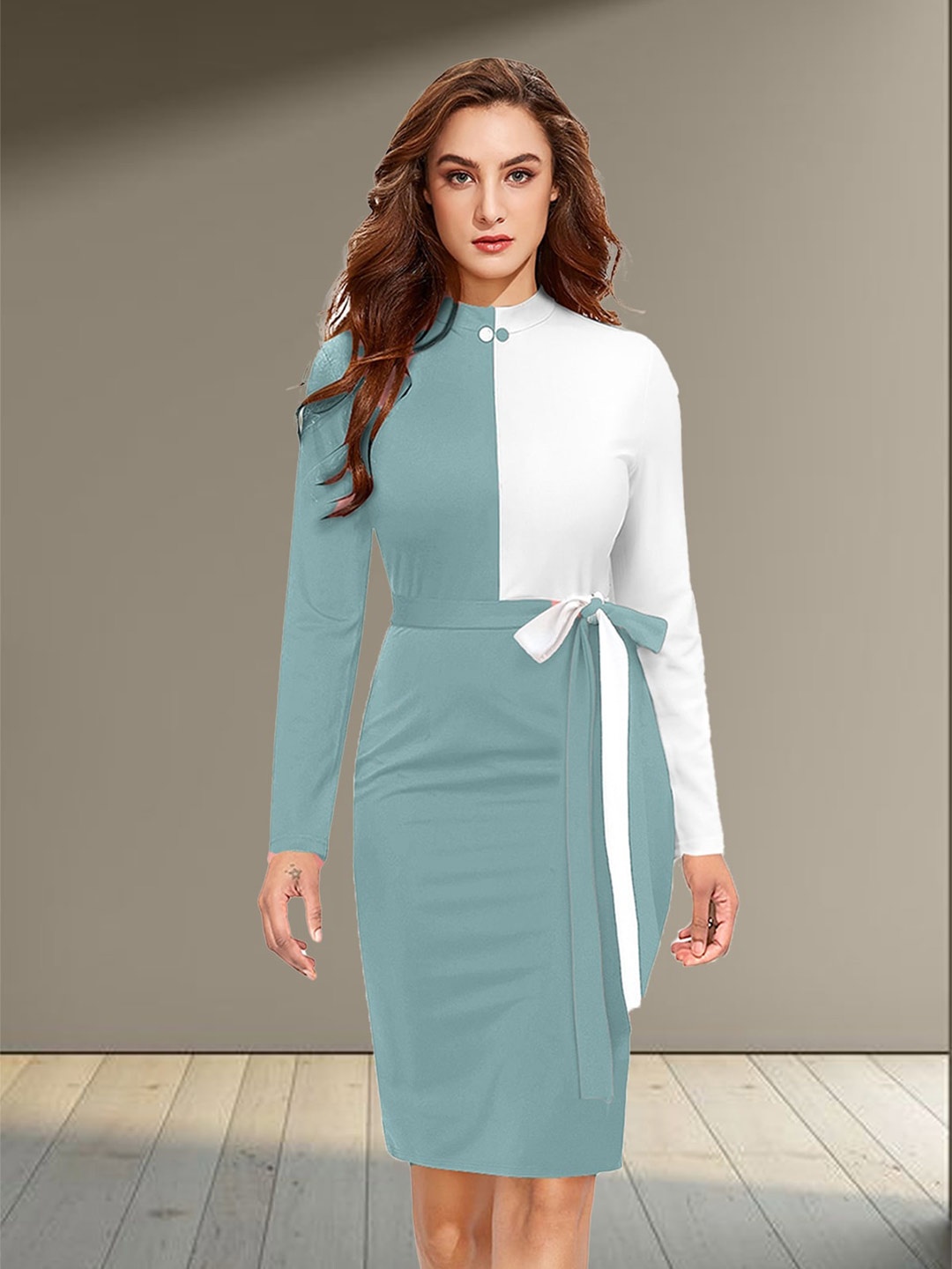 

N N ENTERPRISE Colourblocked Mock Neck Sheath Dress, Sea green