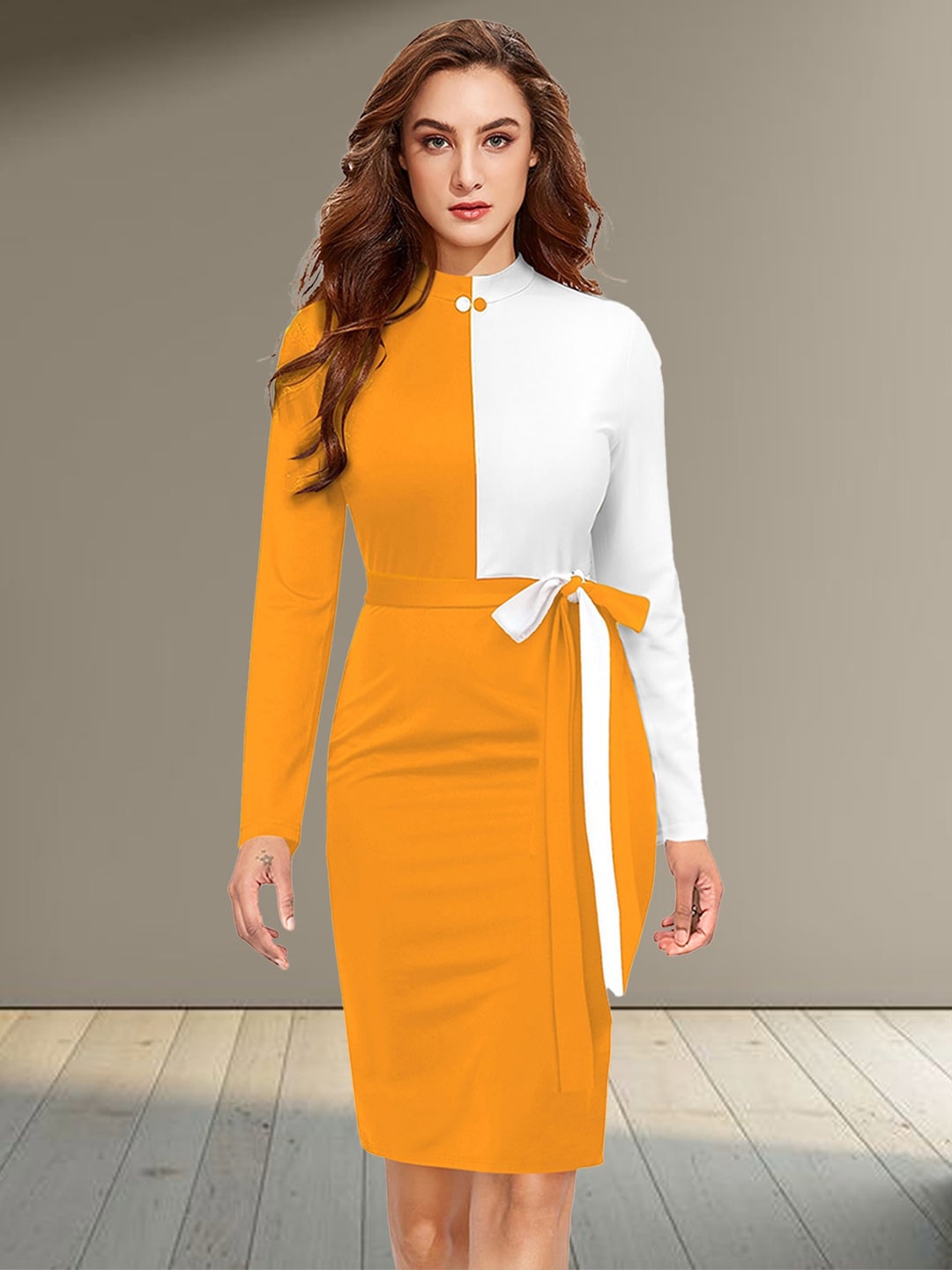 

N N ENTERPRISE Colourblocked Mock Neck Tie Up Sheath Dress, Yellow