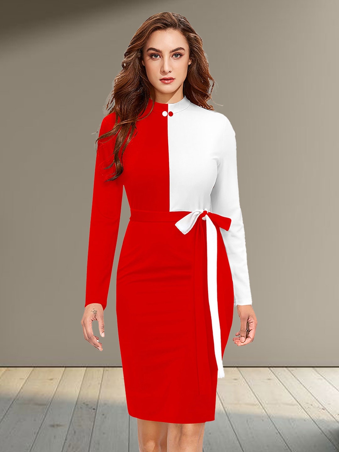 

N N ENTERPRISE Colourblocked Mock Neck Sheath Dress, Red