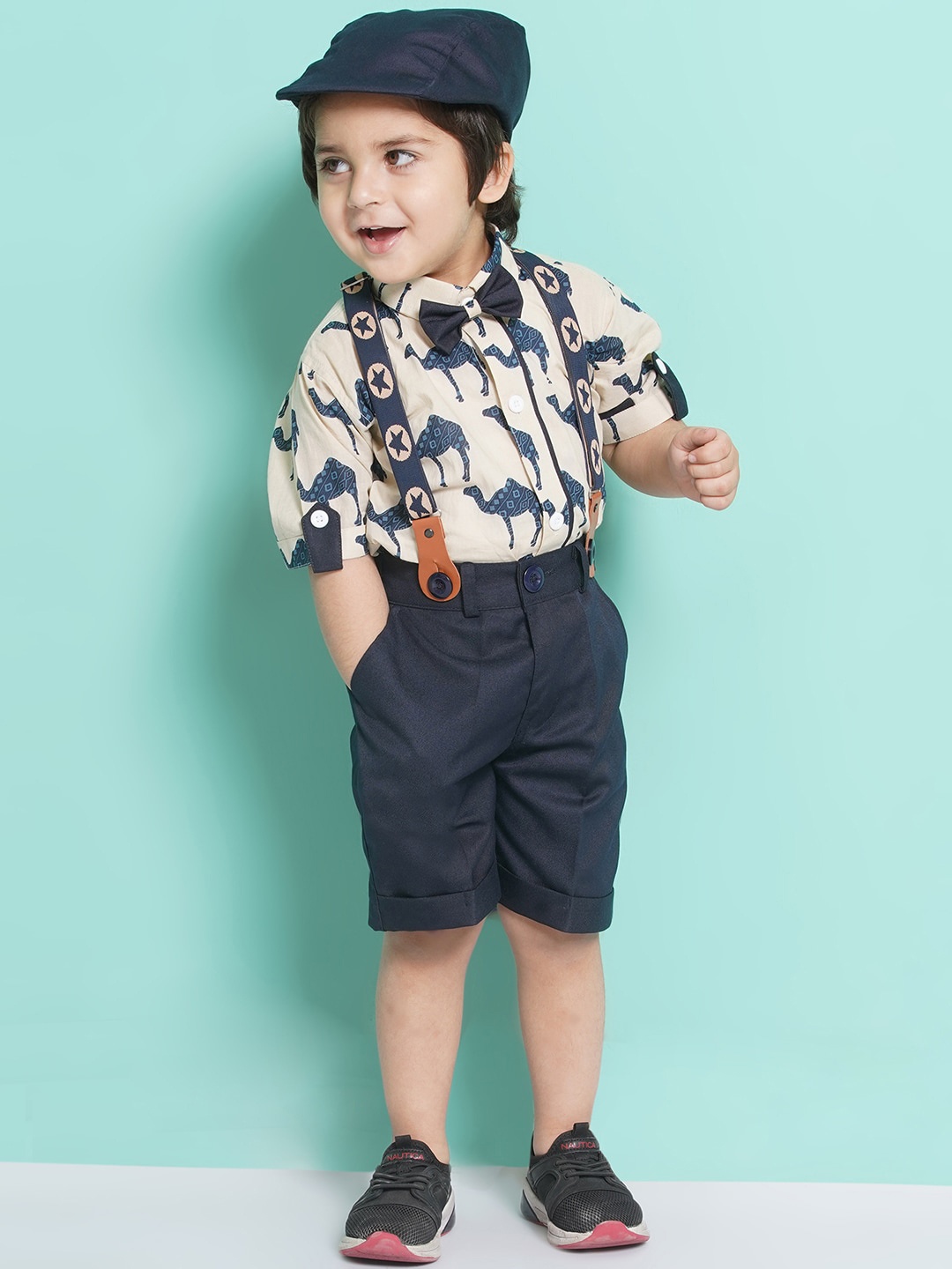 

Aj DEZInES Boys Printed Cotton Shirt Bow Shorts With Cap Suspenders Clothing Set, Blue