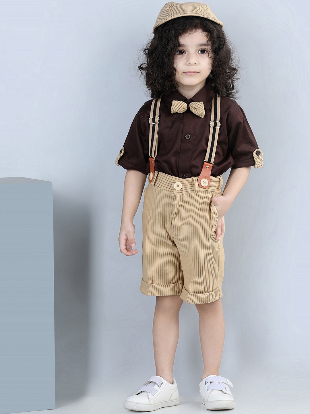 

Aj DEZInES Boys Printed Cotton Shirt Bow Shorts With Cap Suspenders Clothing Set, Brown