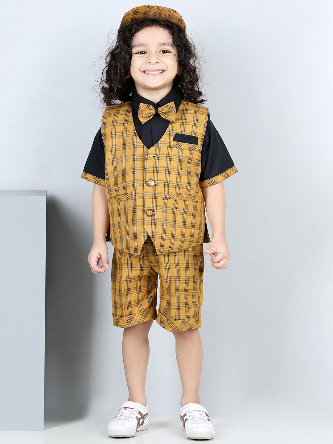

Aj DEZInES Boys Printed Shirt & Shorts With Waistcoat & Bow Tie, Mustard