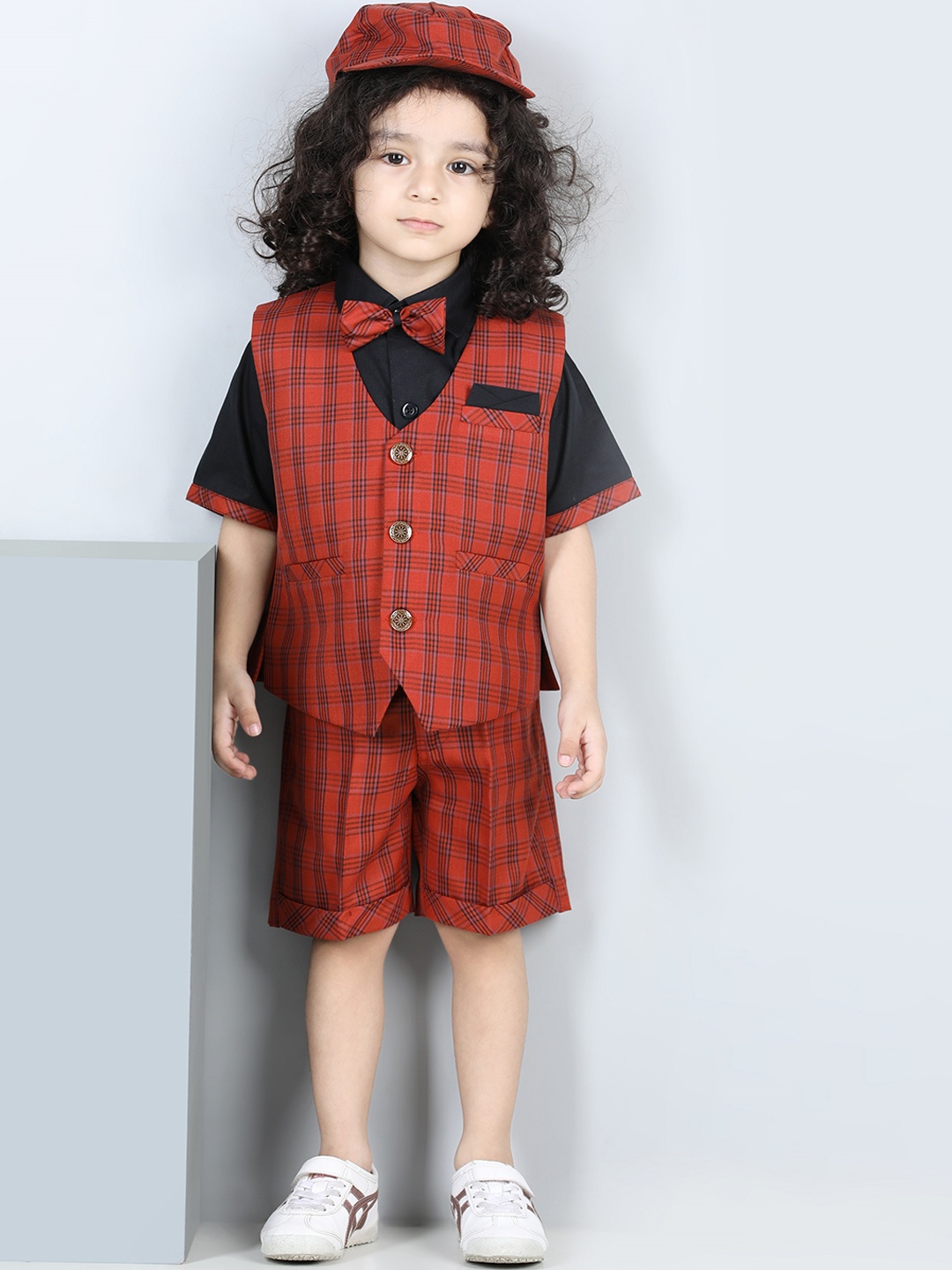 

Aj DEZInES Boys Printed Shirt & Shorts With Waistcoat & Bow Tie, Rust