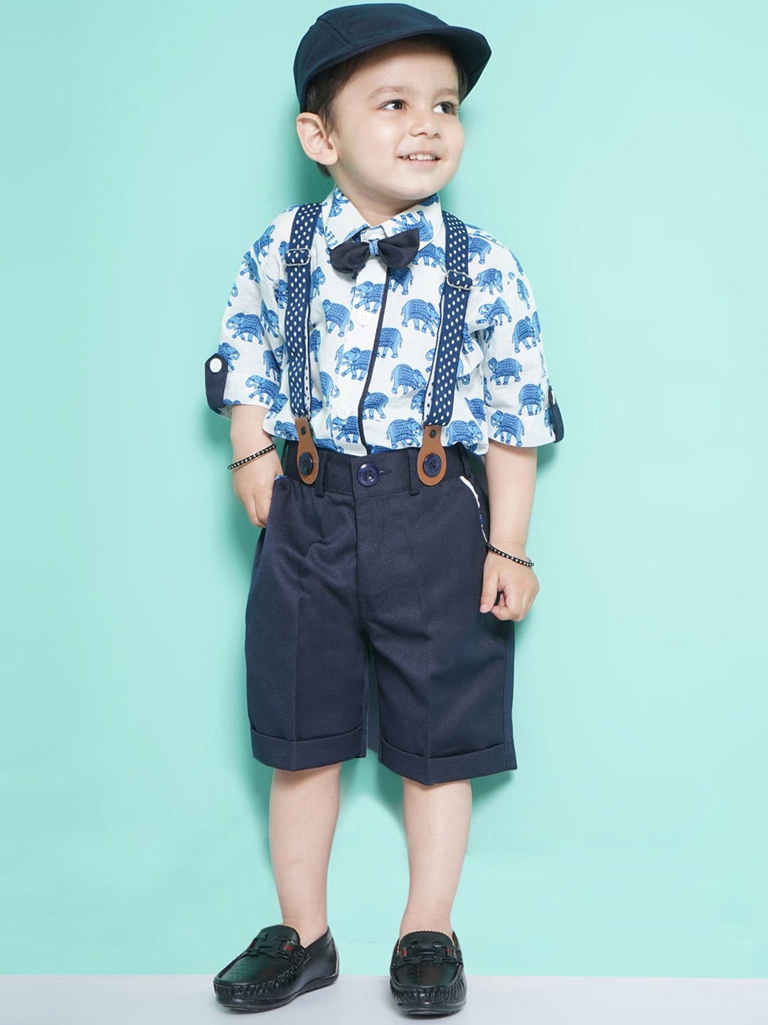 

Aj DEZInES Boys Printed Shirt with Shorts Cap & Suspenders Clothing Set, Blue