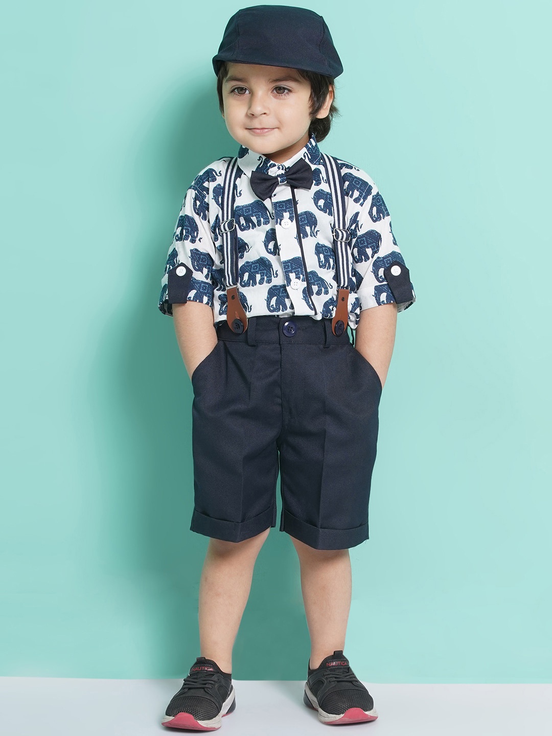 

Aj DEZInES Boys Printed Cotton Shirt Bow Shorts With Cap Suspenders Clothing Set, Navy blue