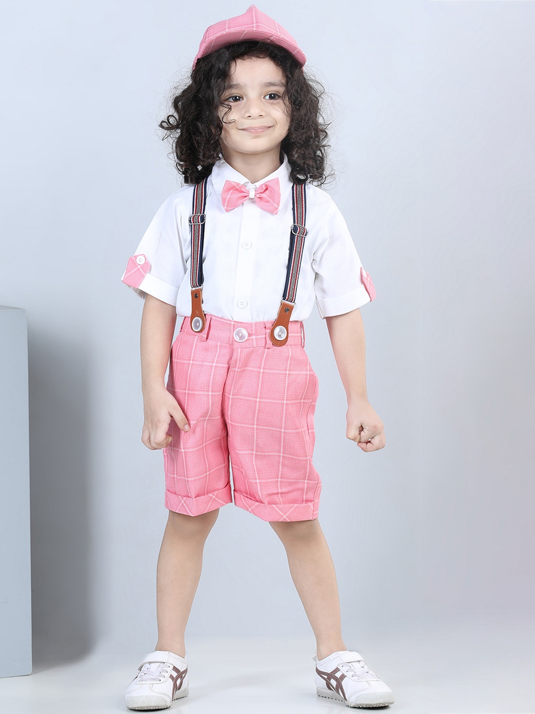 

Aj DEZInES Boys Shirt With Shorts With Cap And Suspender, Pink