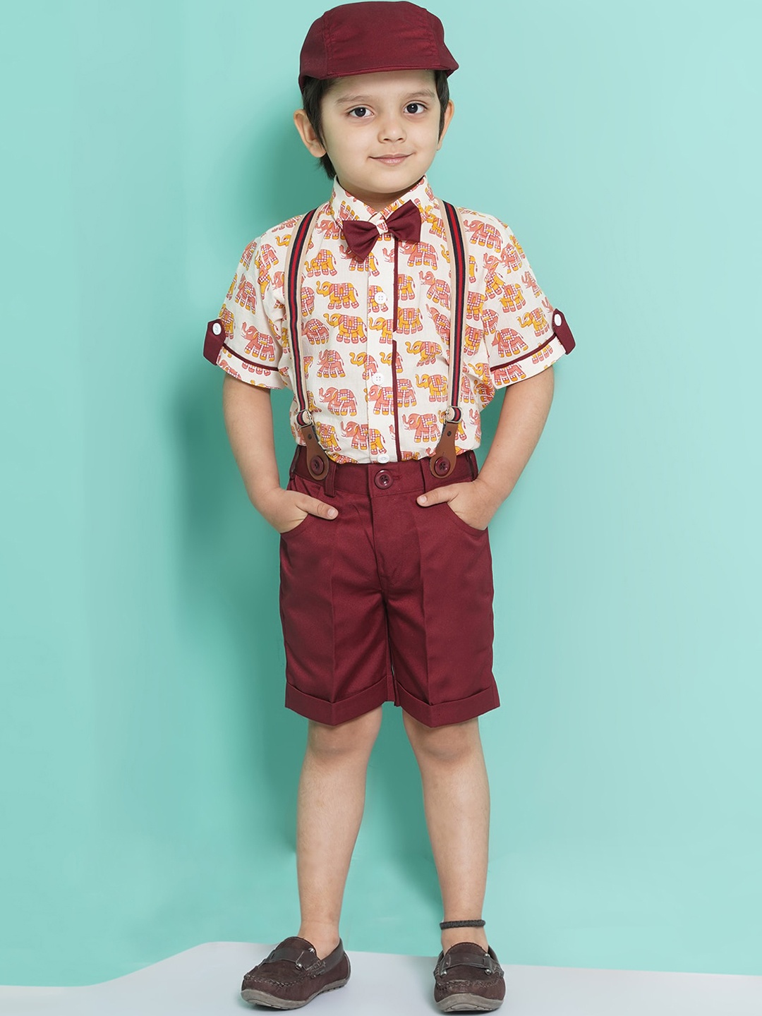 

Aj DEZInES Boys Printed Shirt with Shorts Cap & Suspenders Clothing Set, Peach
