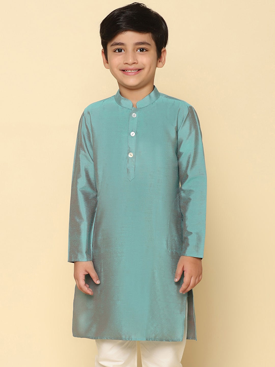 

KISAH Boys Mandarin Collar Pure Cotton Straight Kurta, Green
