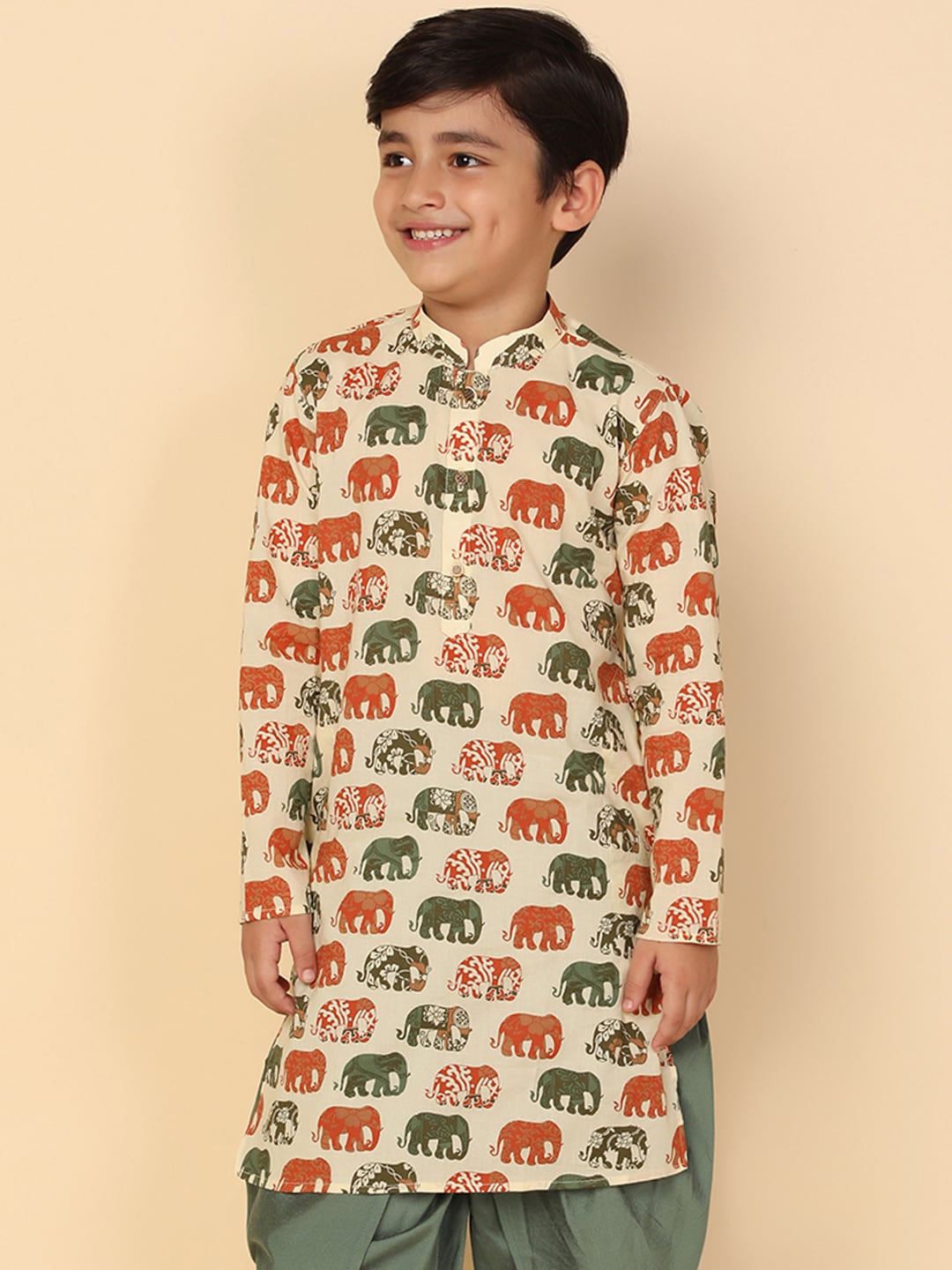 

KISAH Boys Ethnic Motifs Printed Pure Cotton Straight Kurta, Cream