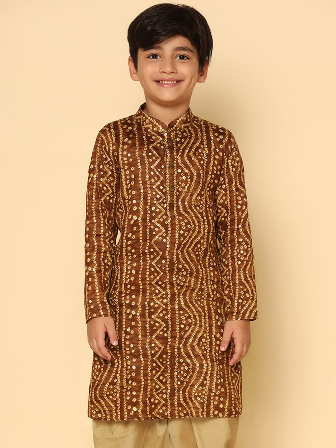 

KISAH Boys Bandhani Printed Straight Kurta, Brown