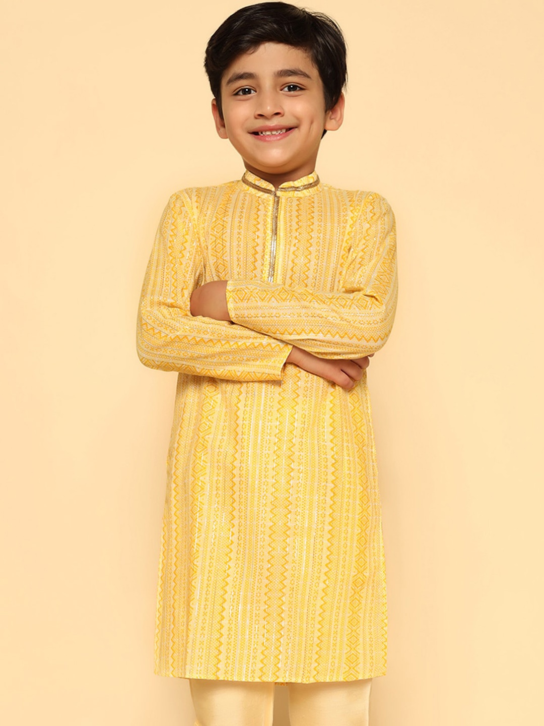 

KISAH Boys Geometric Woven Design Beads and Stones Pure Cotton Kurta, Yellow