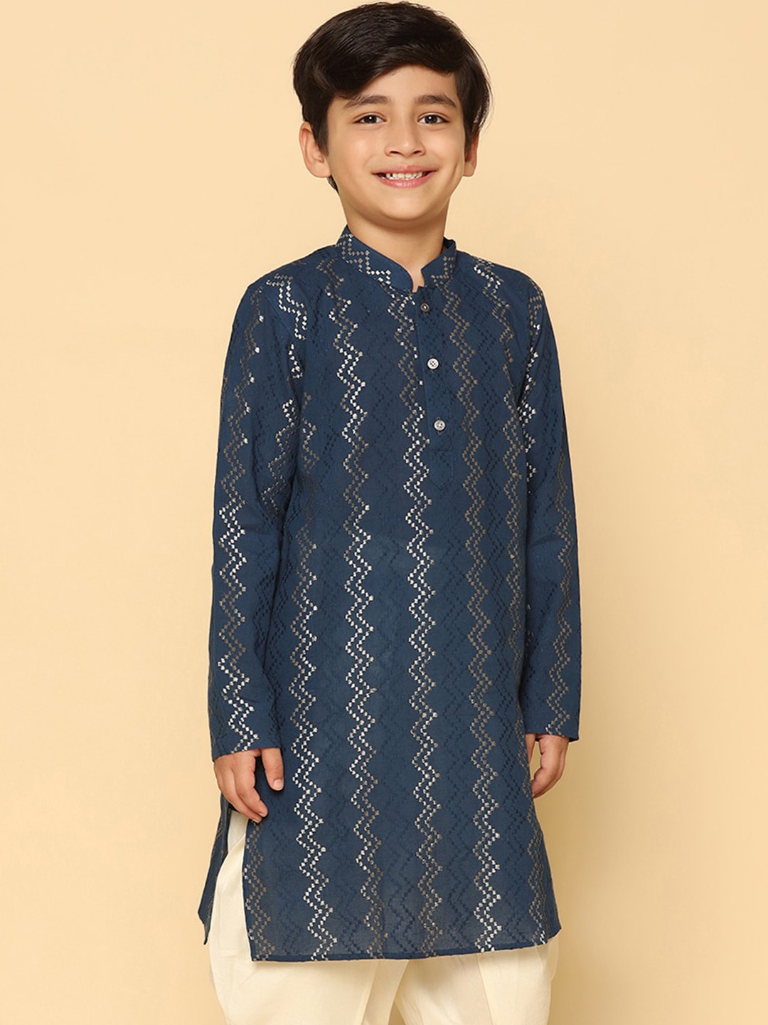 

KISAH Boys Textured Regular Fit Chevron Print Kurta, Blue