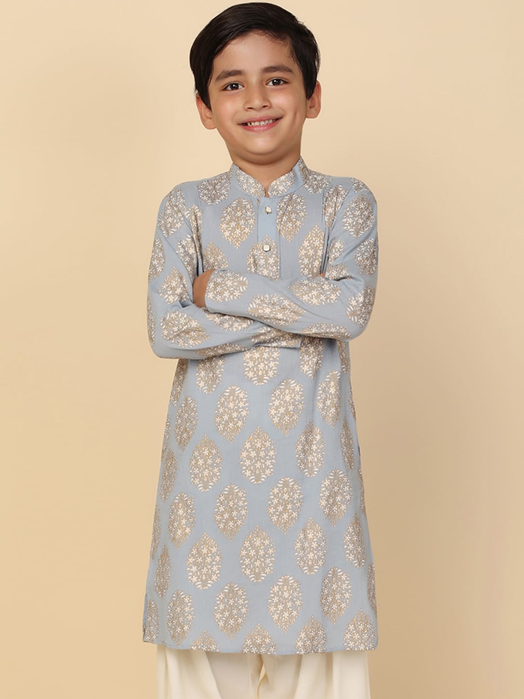 

KISAH Boys Ethnic Motifs Printed Mandarin Collar Pure Cotton Straight Kurta, Blue