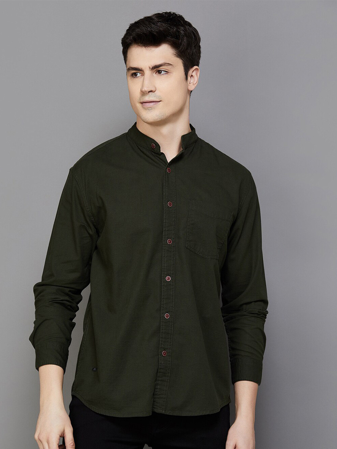 

Forca by Lifestyle Mandarin Collar Long Sleeves Cotton Casual Shirt, Olive