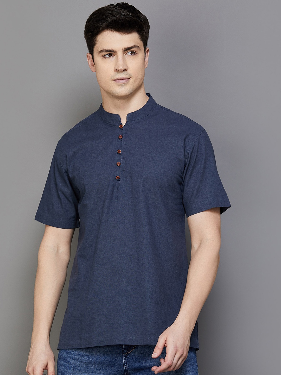 

Melange by Lifestyle Mandarin Collar Short Sleeves Cotton Kurta, Navy blue