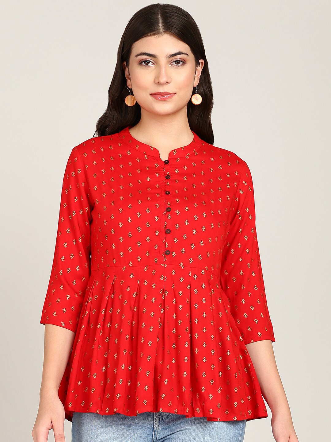 

MALHAAR Ethnic Motifs Foil Printed A-Line Kurti, Red
