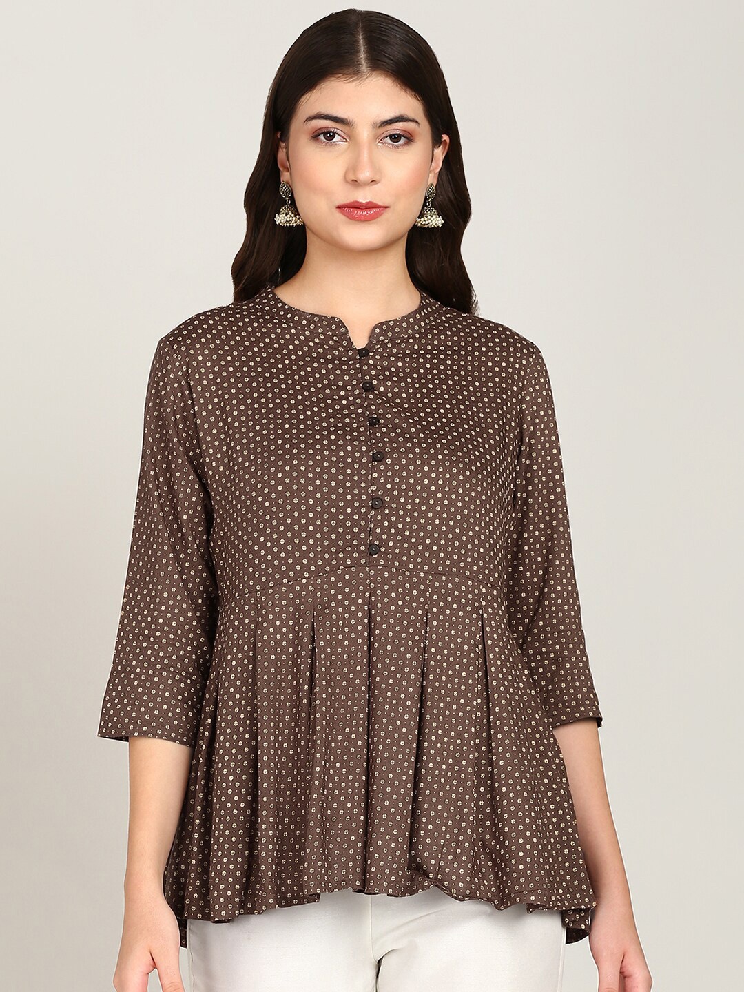 

MALHAAR Geometric Printed Mandarin Collar Pleated A-Line Kurti, Brown