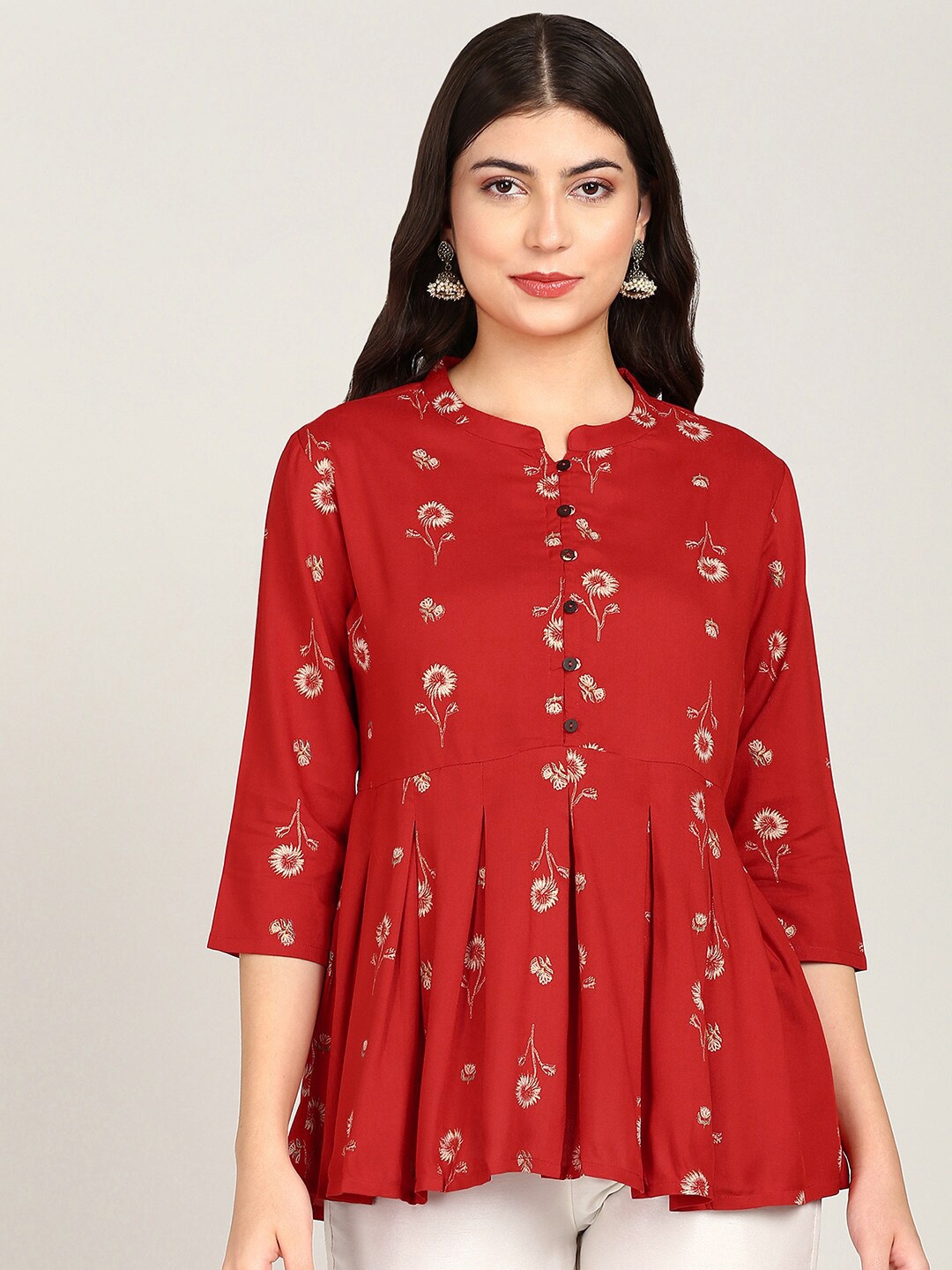 

MALHAAR Floral Printed Mandarin Collar Pleated A-Line Kurti, Red