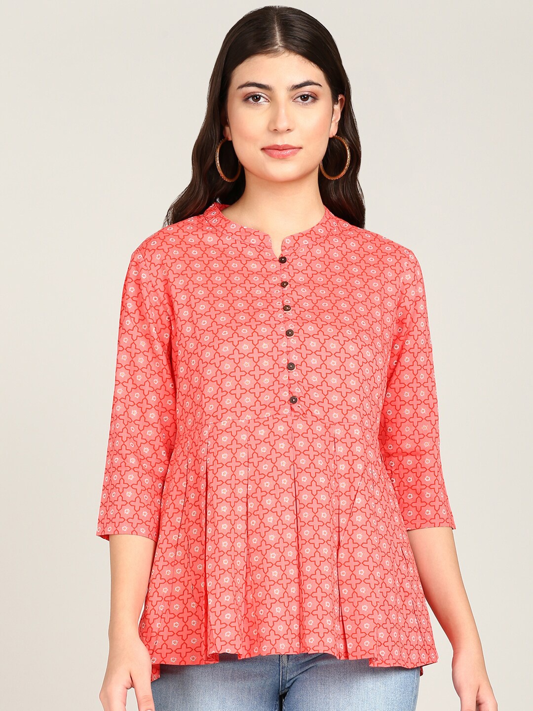 

MALHAAR Ethnic Motifs Printed Mandarin Collar Pleated A-Line Kurti, Peach